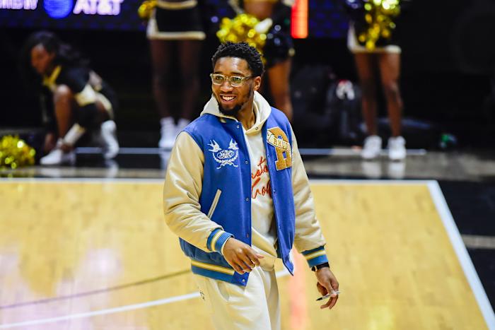 Feb 18, 2023; Salt Lake City, Utah, USA; Donovan Mitchell at the game against the Grambling State University Tigers and the Southern University Jaguars during the first half at the Jon M. Huntsman Center. Mandatory Credit: Christopher Creveling-USA TODAY Sports